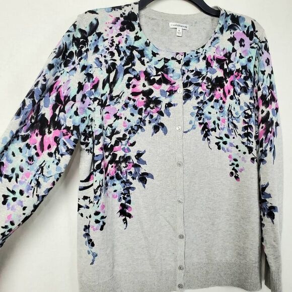 Croft & Barrow XL Gray Floral Cardigan Sweater - Picture 3 of 7